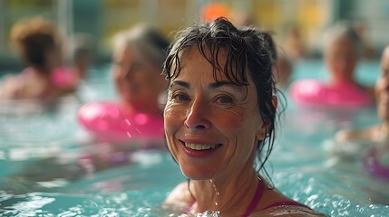 Obraz premium Active mature women enjoying aqua gym class in a pool, healthy retired lifestyle with seniors doing aqua fit sport 