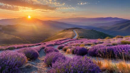 Obraz premium Lavender Fields at Sunset in the Mountains