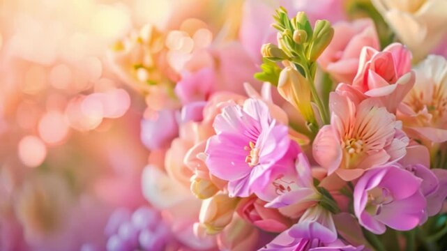 A close-up of delicate pink and white Alstroemeria flowers blooming in the warm sunlight.