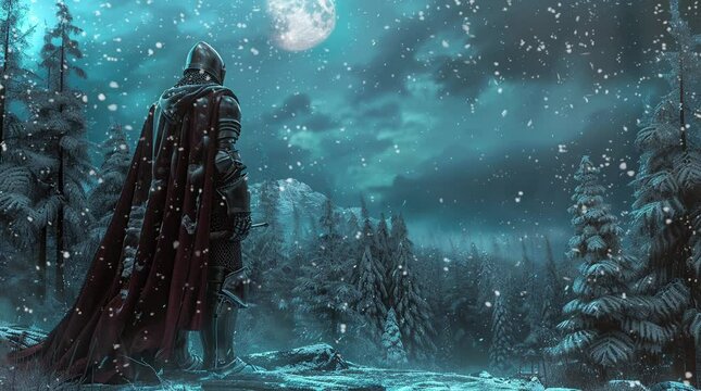 Lone knight standing in a vast snowy landscape under a clear winter sky
 Seamless looping 4k time-lapse virtual video animation Generated AI