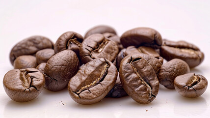 Obraz premium A close up of a bunch of coffee beans on a white background. coffee beans, close-up, white background, coffee bean close-up, roasted coffee beans, coffee bean texture, coffee bean background,
