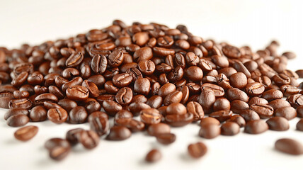 Fototapeta premium A close up of a bunch of coffee beans on a white background. coffee beans, close-up, white background, coffee bean close-up, roasted coffee beans, coffee bean texture, coffee bean background,