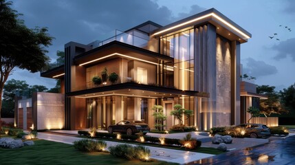 Obraz premium Modern house design, integrated security features, detailed plan, realistic setting, high resolution, safe and contemporary architecture