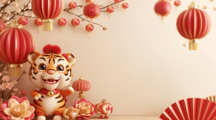 Fototapeta premium Chinese new year tiger zodiac greeting banner with cute tiger toys, hanging lanterns and paper fans