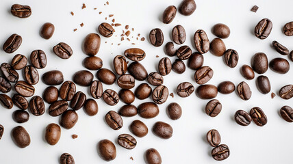 Obraz premium A close up of a bunch of coffee beans on a white background. coffee beans, close-up, white background, coffee bean close-up, roasted coffee beans, coffee bean texture, coffee bean background,