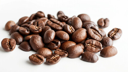Fototapeta premium A close up of a bunch of coffee beans on a white background. coffee beans, close-up, white background, coffee bean close-up, roasted coffee beans, coffee bean texture, coffee bean background,