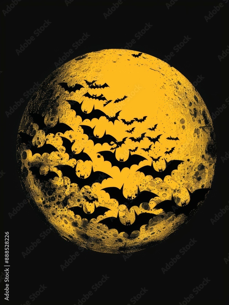 Poster a large round painting of a moon with a large number of bats flying around it