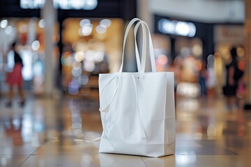 Naklejka premium High-resolution image of a white shopping bag in a mall, focused on bag with blurred background of luxury stores and people.