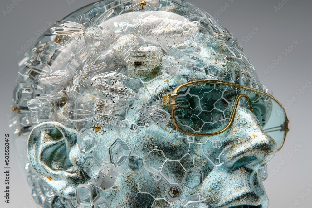 Aufkleber futuristic portrait of a metallic head sculpture with intricate patterns and glass elements creating
