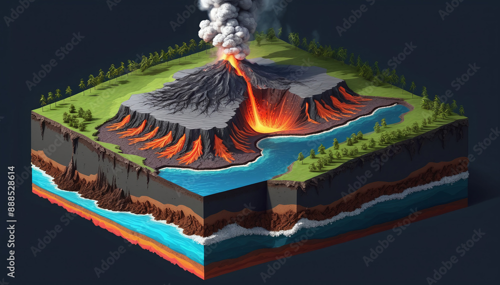 Wall mural Cross-section of a piece of the earth's crust, different composition and dynamic processes in the earth's layers and the geological changes on the earth's mantle, volcanic activity