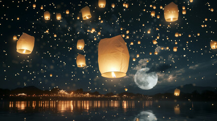 Floating lantern, lantern festival in thailand, banner on full moon and firework