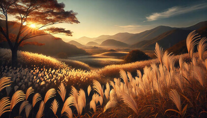 美しいすすきと夕日の風景