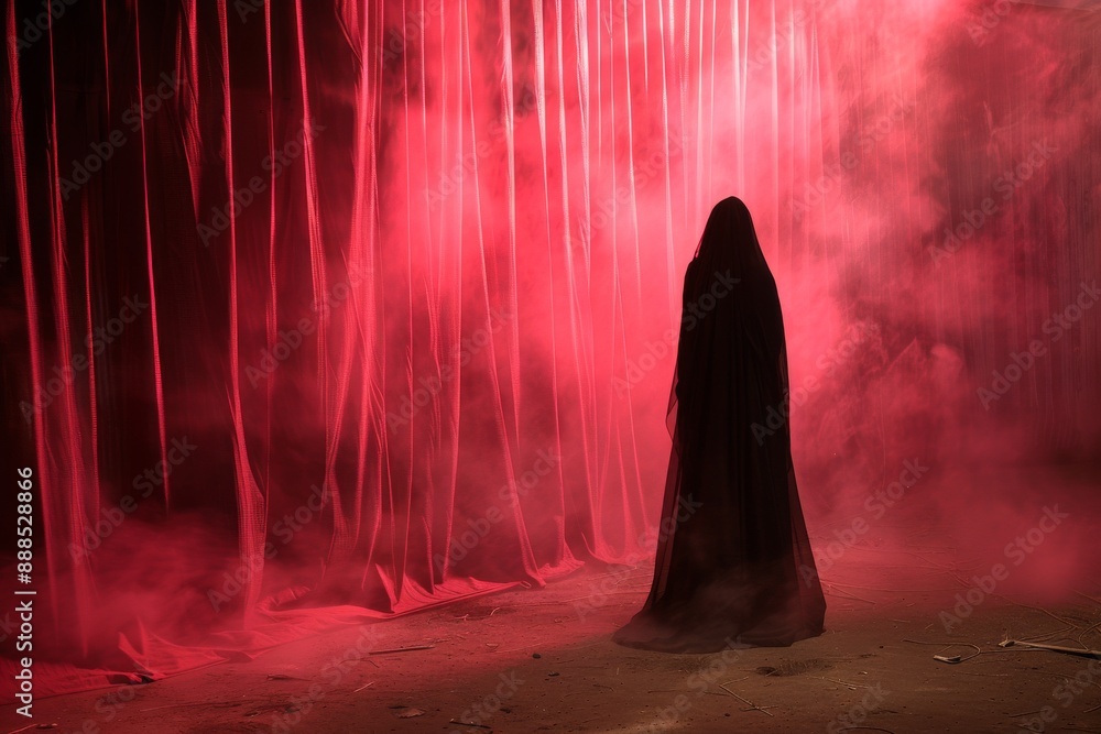 Aufkleber mysterious silhouette of a cloaked figure with red fog creating a dramatic and enigmatic visual