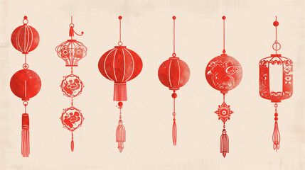 Hand drawn element set of red hanging decoration in Asian traditional market