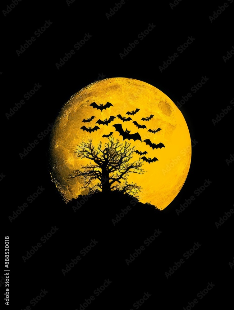 Poster a tree with bats flying around it and a full moon in the background