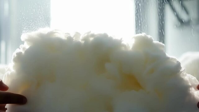 A cloud of cotton being pulled into shape ready for the next stage of production.