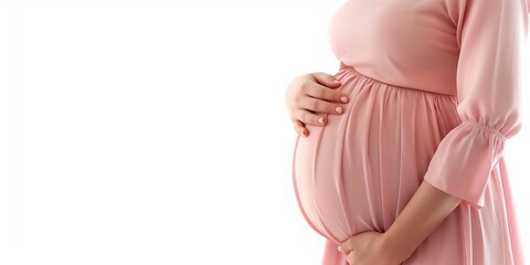 Pregnant woman cradling belly in pink dress healthy pregnancy concept maternal love expectant mother prenatal care motherhood baby bump gestation