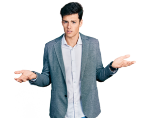 Young hispanic man wearing business clothes clueless and confused with open arms, no idea concept.