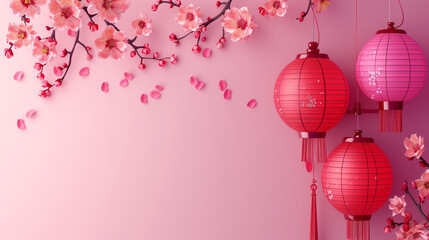 Lunar new year decorations purple tone ,and pink tone poster with happy Chinese new year