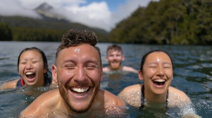 A group of friends joyfully swimming in a forest lake, their faces filled with laughter and enjoyment, with a mountain backdrop and clear blue water, highlighting the fun of outdoor activities.
