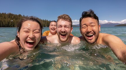 A group of friends joyfully swimming in a forest lake, their faces filled with laughter and enjoyment, with a mountain backdrop and clear blue water, highlighting the fun of outdoor activities.