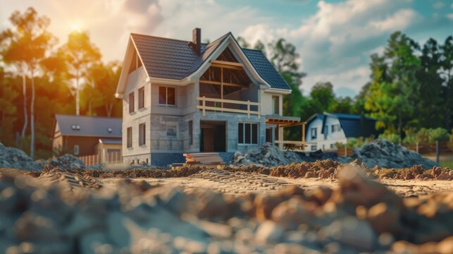 Real estate investment, home building site, innovative architectural design, realistic background, high resolution, modern construction techniques