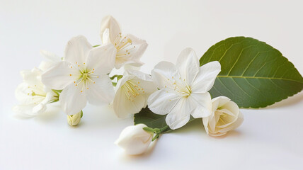 Jasmine Philadelphus flowers and leaves in a floral arrangement isolated on white background. Jasmine Philadelphus, floral arrangement, white background, flowers and leaves, isolated flowers,