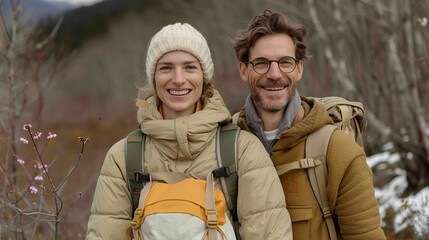 Fototapeta premium A couple joyfully hiking through a forested area in spring, with blooming flowers and fresh greenery, their faces filled with happiness and appreciation for the renewal of nature. Height Resolution