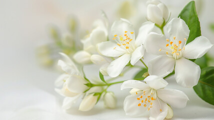 Jasmine Philadelphus flowers and leaves in a floral arrangement isolated on white background. Jasmine Philadelphus, floral arrangement, white background, flowers and leaves, isolated flowers,