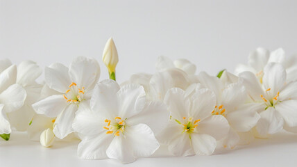 Obraz premium Jasmine Philadelphus flowers and leaves in a floral arrangement isolated on white background. Jasmine Philadelphus, floral arrangement, white background, flowers and leaves, isolated flowers,