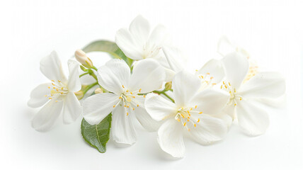 Jasmine Philadelphus flowers and leaves in a floral arrangement isolated on white background. Jasmine Philadelphus, floral arrangement, white background, flowers and leaves, isolated flowers,