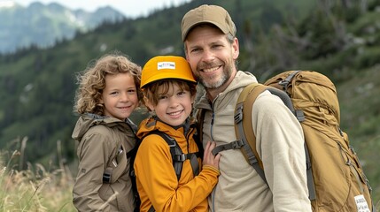 A family joyfully exploring a mountain trail with stunning views of forests and valleys, their faces filled with excitement and awe, capturing the thrill and happiness of nature adventures. Height