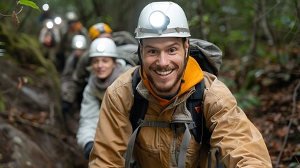 Fototapeta premium A group of friends joyfully exploring a forested cave, their faces showing curiosity and thrill, with headlamps illuminating the rocky interior, highlighting the adventure of discovering hidden
