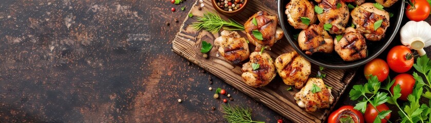 Grilled meat skewers with fresh vegetables and herbs on a rustic wooden board. Perfect for a barbecue meal. Top view with copy space.