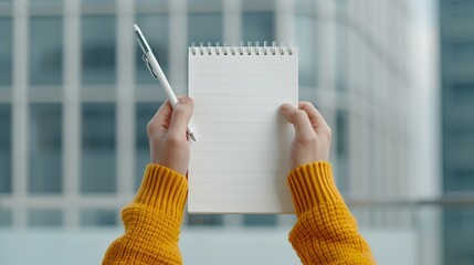 Close-up of hands holding a notepad and taking notes, illustrating attention to detail and active participation in meetings. Height Resolution Photo, , Minimalism,