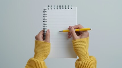 Close-up of hands holding a notepad and taking notes, illustrating attention to detail and active participation in meetings. Height Resolution Photo, , Minimalism,