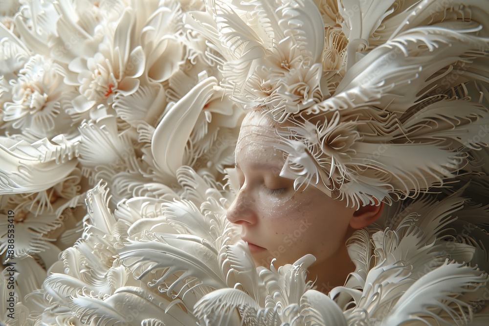 Poster surreal portrait of a woman enveloped in white feathers creating a soft and ethereal visual