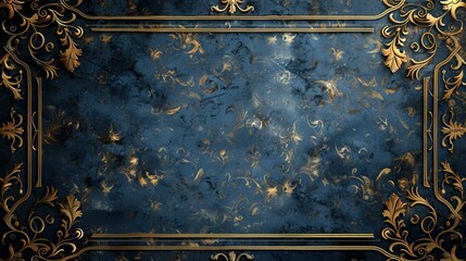 Timeless Regency Background with Rich Navy and Gold Patterns and a Gilded Frame with Scrollwork