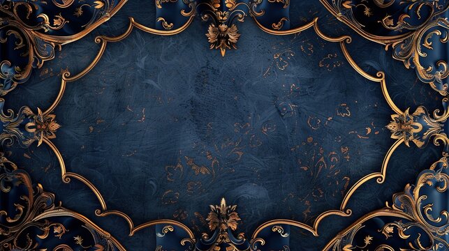 Timeless Regency Background with Rich Navy and Gold Patterns and a Gilded Frame with Scrollwork