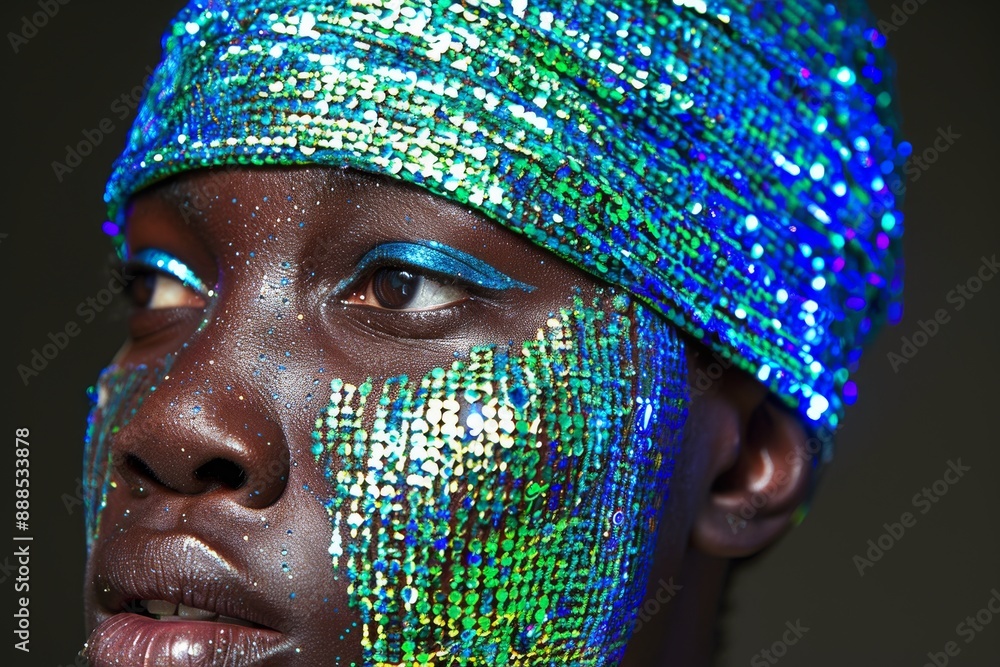 Aufkleber vibrant portrait of a man with sequined face creating a bold and artistic visual