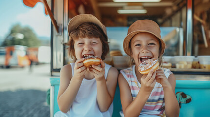 two children are enjoying eating donut in front of food truck