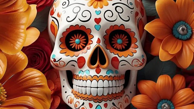 3D Mexican sugar skull in orange tones, decorated with flowers, symbolizing the Day of the Dead.