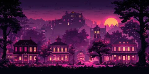 Obraz premium Dreamy Digital Art of a Magical Village at Sunset with Deep Purple and Pink Hues, Featuring Cute Houses and a Distant Castle