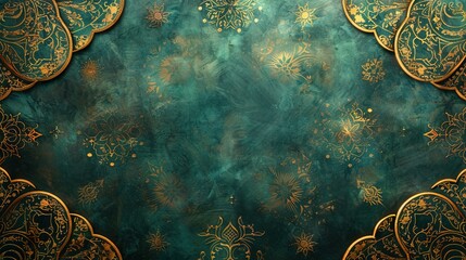 Luxurious Ottoman Background with Rich Teal and Gold Patterns and an Intricate Frame with Star and Crescent Motifs