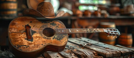 Old Guitar and Cowboy Hat