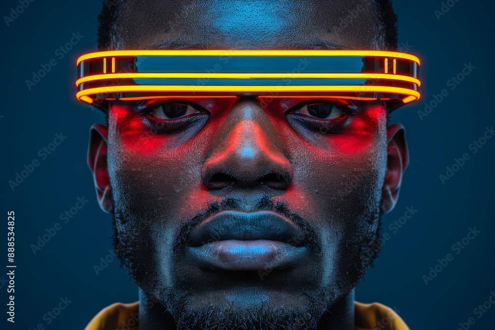Poster futuristic portrait of a man with neon yellow visor creating a hightech and bold visual