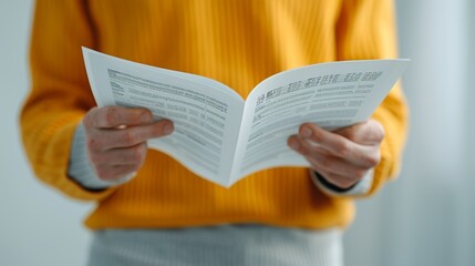 Fototapeta premium Hands flipping through pages of a financial report, showcasing attention to detail and thorough analysis in business finance. Height Resolution Photo, , Minimalism,