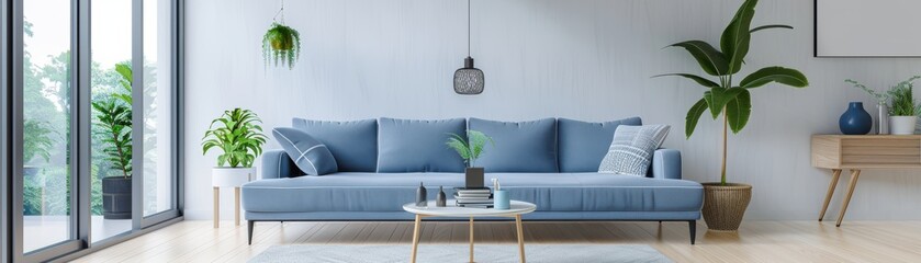 Modern living room interior with a blue sofa, coffee table, indoor plants, and a large window for natural light.