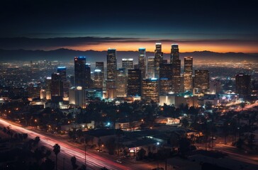 Fototapeta premium Scenic view of los angeles skyline at dusk with skyscrapers illuminated against vibrant orange sky