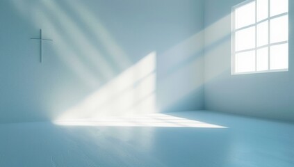 White empty room with a cross on the wall and a ray of light entering from the window. 3D rendering image.